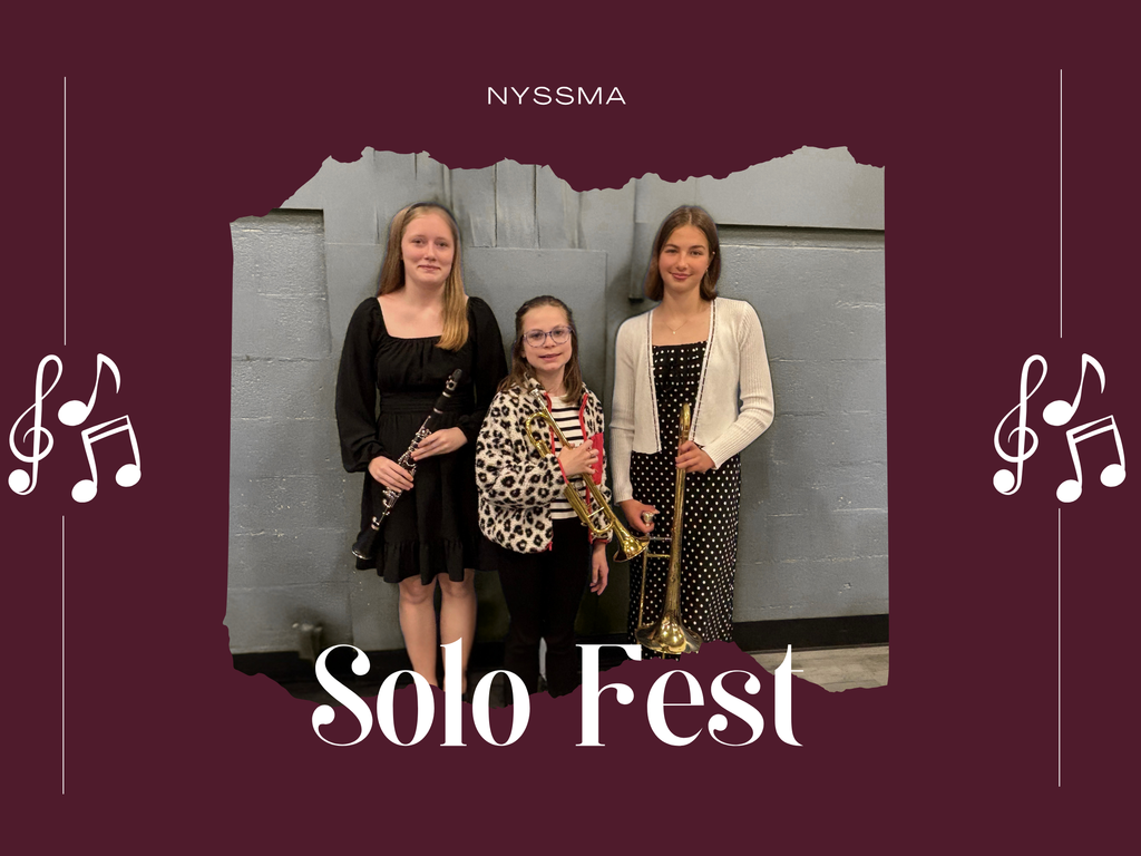 Text that reads "NYSSMA Solo Fest" with an image of three musicians holidng their instruments and decorative graphics