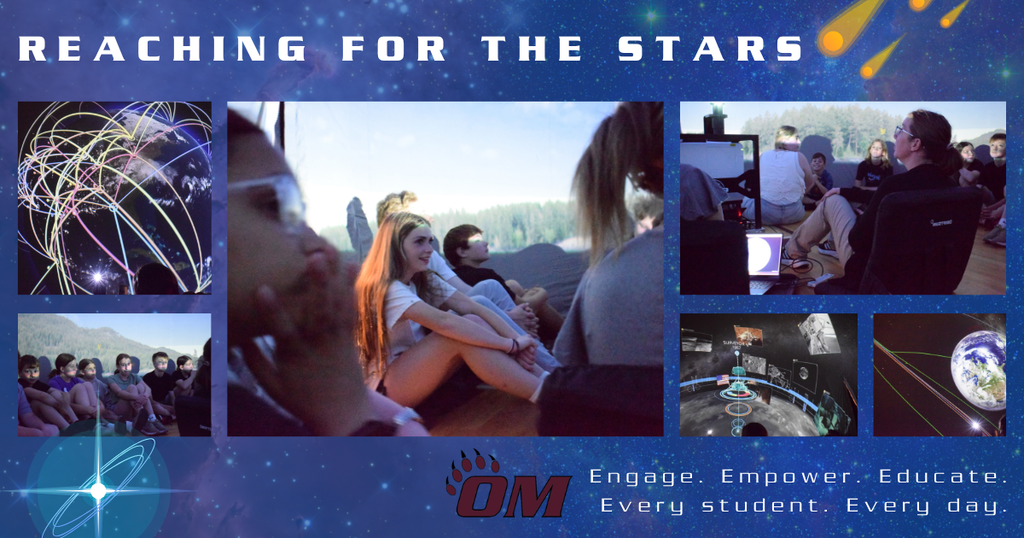 Reaching for the Stars. OM: Engage. Empower. Educate. Every student. Every day. Photos of students in the STARLAB.