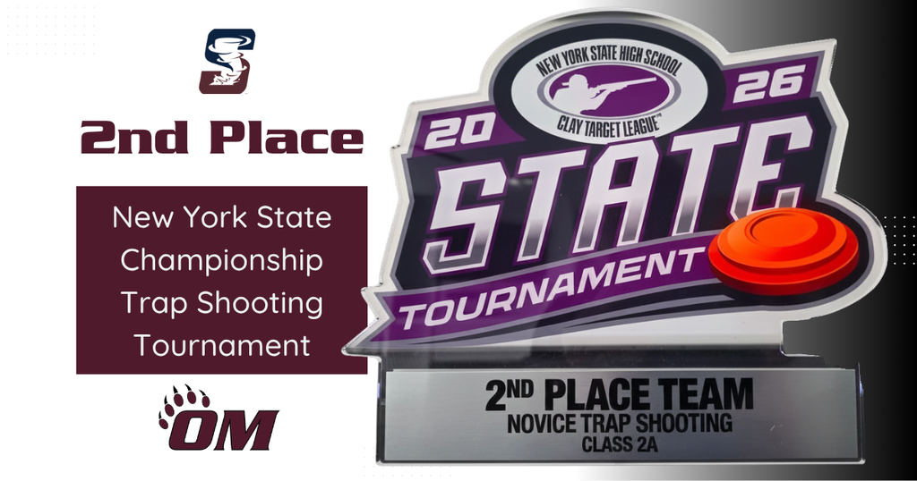 Graphic celebrating the Odessa-Montour Novice Trap Shooting Team's second-place finish at the 2026 New York State High School Clay Target League State Tournament. The left side features the Schuyler Storm logo, the headline "2nd Place," and the text "New York State Championship Trap Shooting Tournament" above the Odessa-Montour "OM" logo. The right side displays a large photo of the state tournament trophy, which reads "2026 State Tournament" and "2nd Place Team – Novice Trap Shooting – Class 2A." The graphic uses Odessa-Montour colors of maroon, black, and white.