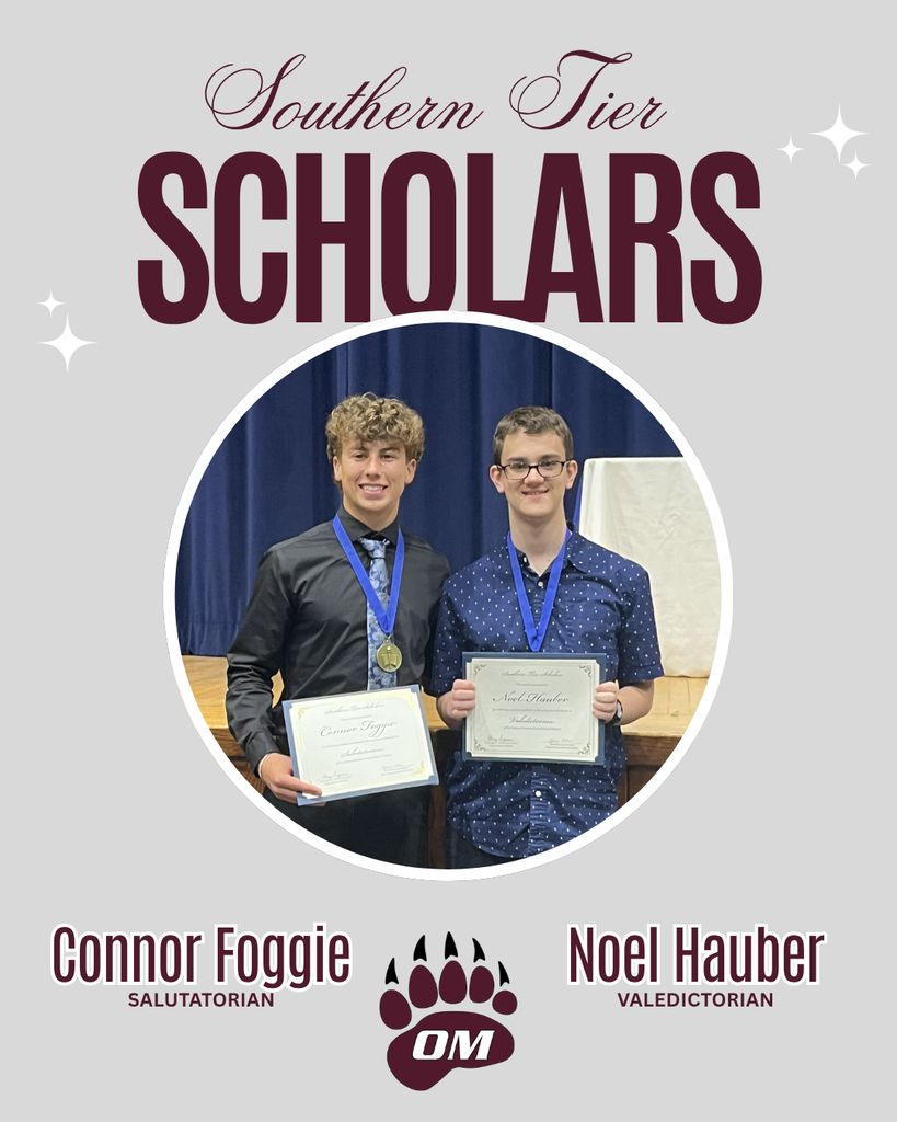 Graphic celebrating Odessa-Montour's Southern Tier Scholars honorees. The design features a circular photo of two students standing together on a stage wearing medals and holding certificates. On the left is Connor Foggie, identified as Salutatorian, wearing a black dress shirt and patterned tie. On the right is Noel Hauber, identified as Valedictorian, wearing a blue patterned button-down shirt. The headline reads "Southern Tier Scholars" above the photo. An Odessa-Montour bear paw logo appears below the image between the students' names. The background is light gray with decorative star accents.
