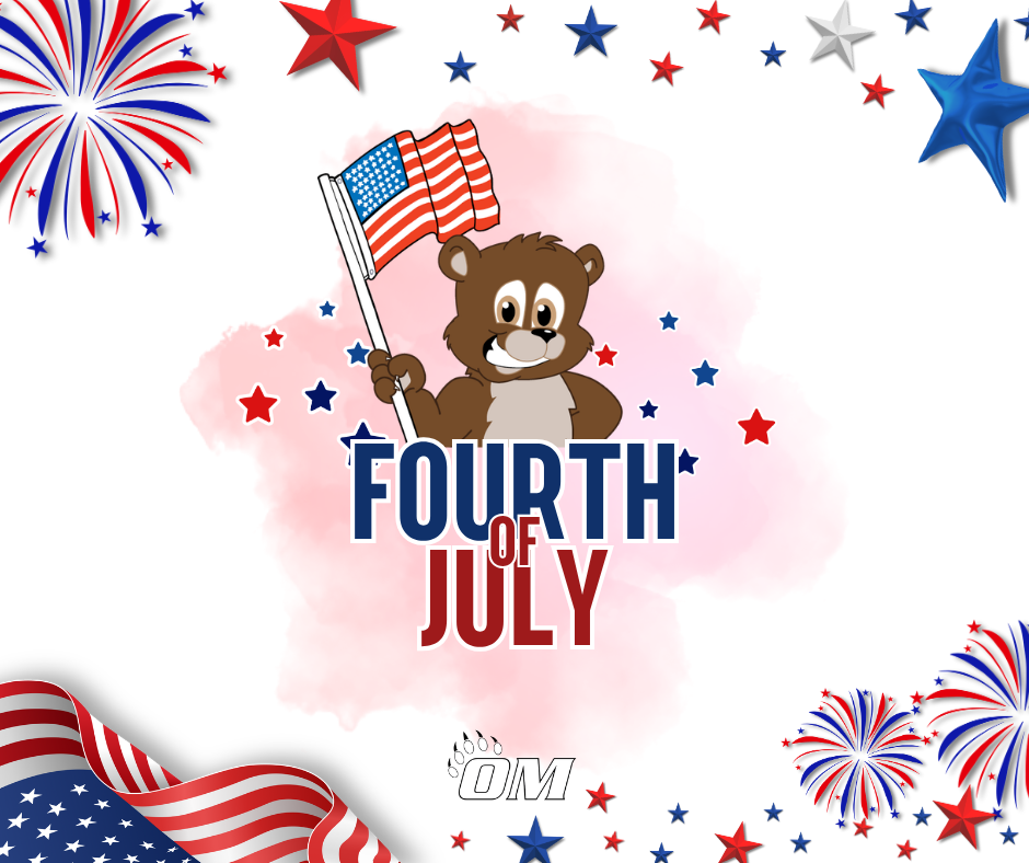 A festive Fourth of July graphic featuring a smiling cartoon bear holding a waving American flag above the bold text "FOURTH OF JULY." The design uses red, white, and blue colors with fireworks, stars, and patriotic ribbon accents in the corners, all set against a soft red watercolor background on a white canvas. The "OM" logo appears at the bottom center.