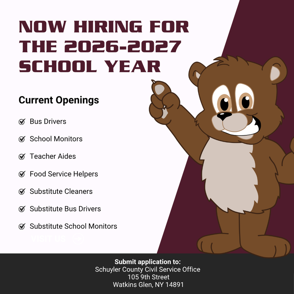 Graphic announcing employment opportunities at Odessa-Montour Central School District for the 2026-2027 school year. The headline reads, "Now Hiring for the 2026-2027 School Year." A list of current openings includes Bus Drivers, School Monitors, Teacher Aides, Food Service Helpers, Substitute Cleaners, Substitute Bus Drivers, and Substitute School Monitors. A brown bear mascot is displayed on the right side of the graphic. At the bottom, application information directs interested candidates to submit applications to the Schuyler County Civil Service Office, 105 9th Street, Watkins Glen, NY 14891. The design uses maroon, white, and black colors with a clean, easy-to-read layout.