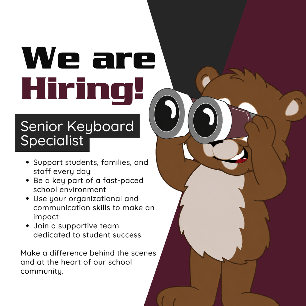 Graphic promoting an employment opportunity at Odessa-Montour High School. The image features the headline "We are Hiring!" and the position title "Senior Keyboard Specialist." A cartoon beaver mascot is shown on the right holding binoculars. The graphic highlights four key points: supporting students, families, and staff; being part of a fast-paced school environment; using organizational and communication skills to make an impact; and joining a supportive team dedicated to student success. The graphic concludes with the message: "Make a difference behind the scenes and at the heart of our school community." The design uses maroon, black, and white school colors.