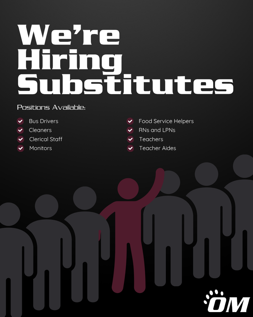 Graphic promoting substitute opportunities at Odessa-Montour Central School District. Large white text reads "We're Hiring Substitutes." Below, a list of available positions includes Bus Drivers, Cleaners, Clerical Staff, Monitors, Food Service Helpers, RNs and LPNs, Teachers, and Teacher Aides. The background is dark with a row of stylized people icons across the bottom, with one highlighted in maroon. The Odessa-Montour "OM" logo appears in the lower-right corner. The graphic encourages community members to apply for substitute positions across multiple departments.