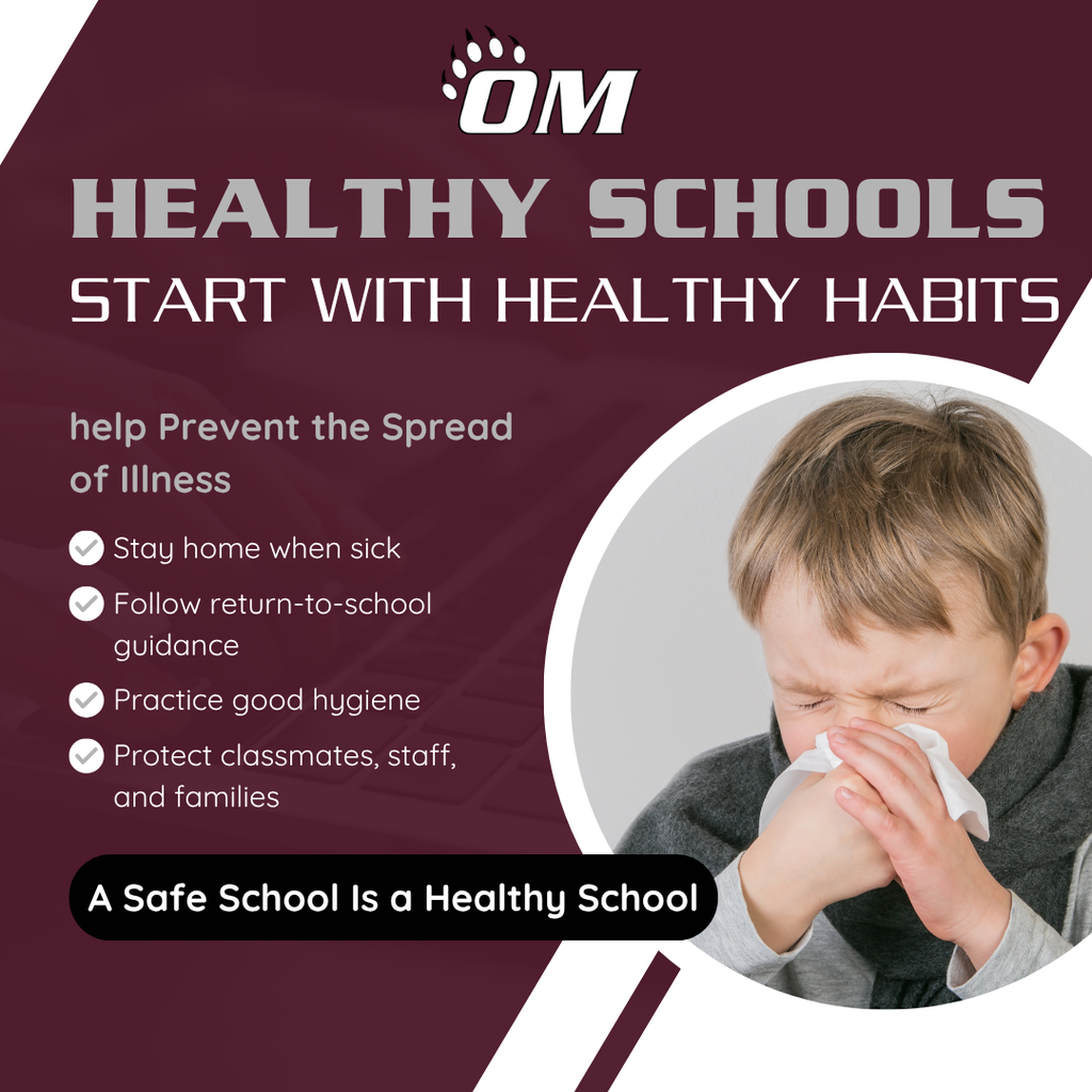 Graphic for Odessa-Montour Safety Week featuring the OM logo and the headline “Healthy Schools Start with Healthy Habits.” The graphic encourages preventing the spread of illness with four reminders: stay home when sick, follow return-to-school guidance, practice good hygiene, and protect classmates, staff, and families. A photo shows a child holding a tissue to their nose. A banner at the bottom reads, “A Safe School Is a Healthy School.” The design uses maroon, white, gray, and black district-themed colors.