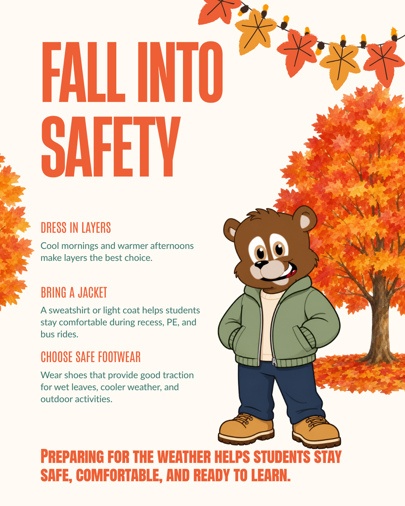 Fall-themed safety graphic titled "Fall Into Safety." The graphic features orange and red autumn leaves, a colorful fall tree, and an Odessa-Montour bear mascot wearing a jacket and boots. Safety reminders include: Dress in Layers (cool mornings and warmer afternoons make layers the best choice), Bring a Jacket (a sweatshirt or light coat helps students stay comfortable during recess, PE, and bus rides), and Choose Safe Footwear (wear shoes with good traction for wet leaves, cooler weather, and outdoor activities). A message at the bottom reads: "Preparing for the weather helps students stay safe, comfortable, and ready to learn." 🍂🧥