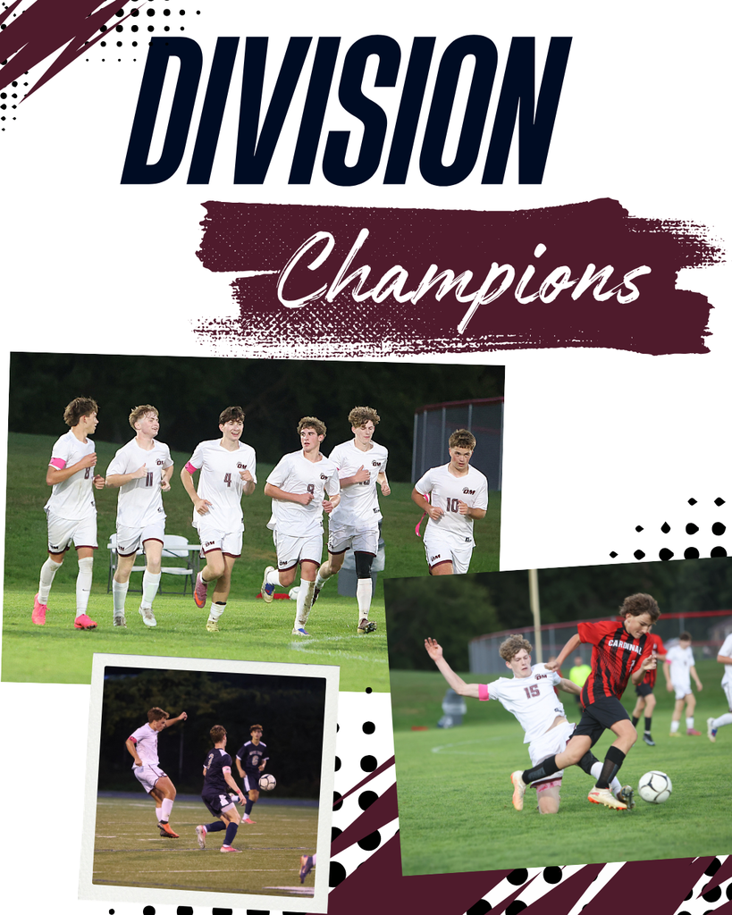 Graphic celebrating a division championship. The design features large navy blue text reading “DIVISION Champions” on a white background with maroon brushstroke accents and black dot patterns. Three action photos from a boys soccer season are arranged collage-style. One photo shows six Odessa-Montour players in white uniforms running together on the field, while two additional photos capture game action, including players competing for possession of the ball. The school colors of maroon, navy, and white are used throughout the graphic.