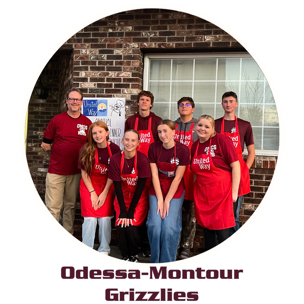Eight Odessa-Montour National Honor Society students and an adult volunteer stand together outside a brick building before helping at a United Way event. The students wear matching red United Way aprons and shirts, with a United Way sign visible in the background. The photo is presented in a circular frame above the words “Odessa-Montour Grizzlies.”