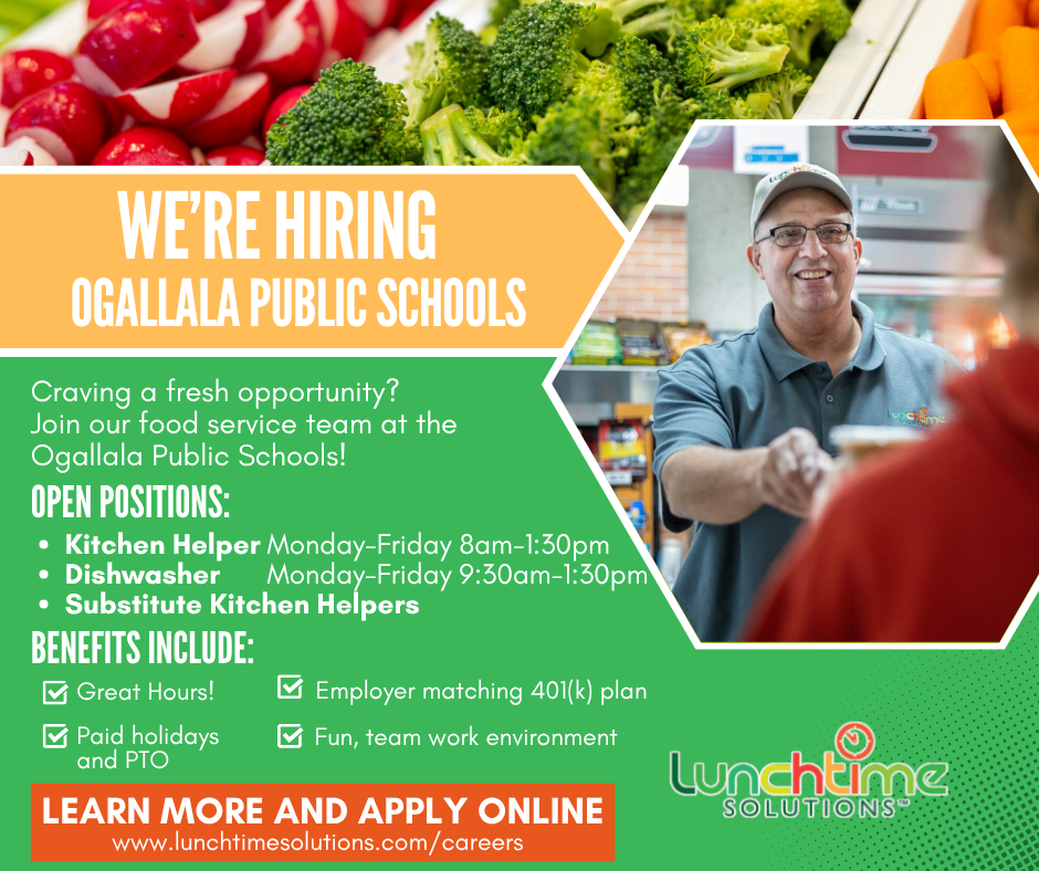 lunch time solutions hiring advertisment with food service worker and fresh produce pictured