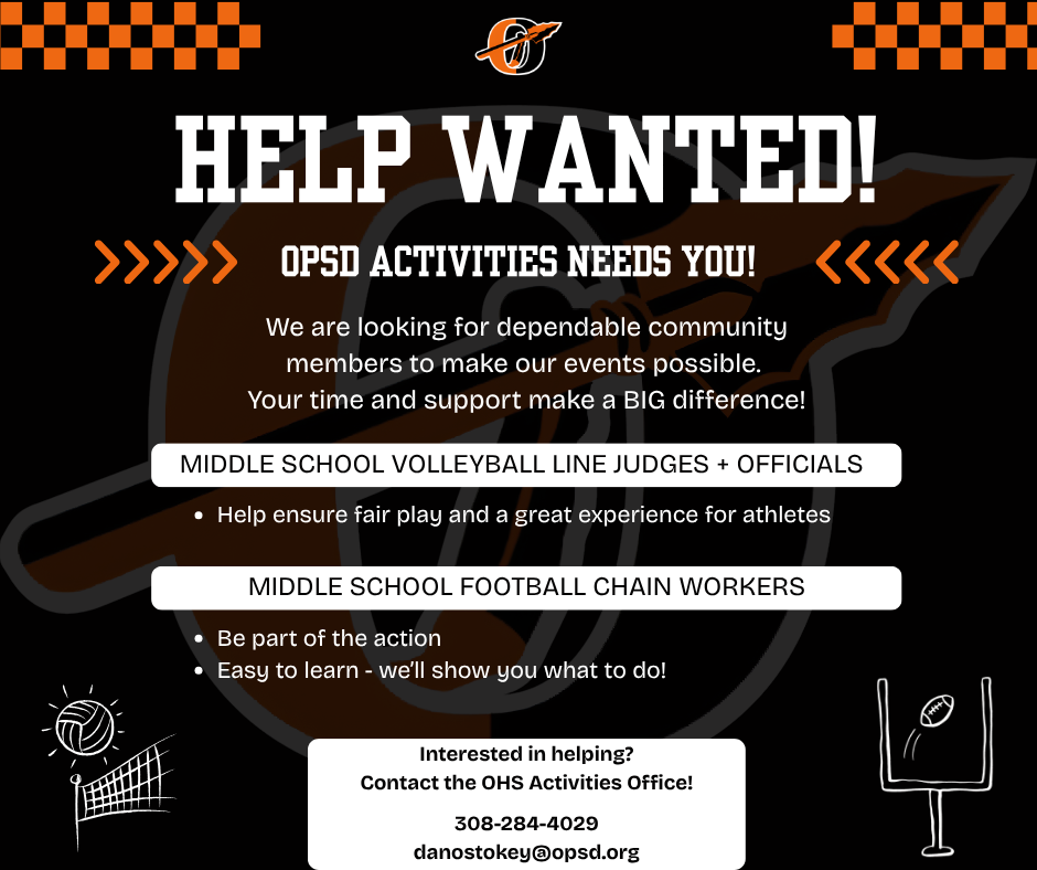 help wanted activities flyer with volleyball over net and football through goal post