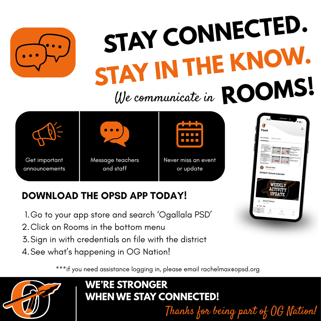 stay connected, stay in the know, we communicate in rooms flyer with phone of OPSD app