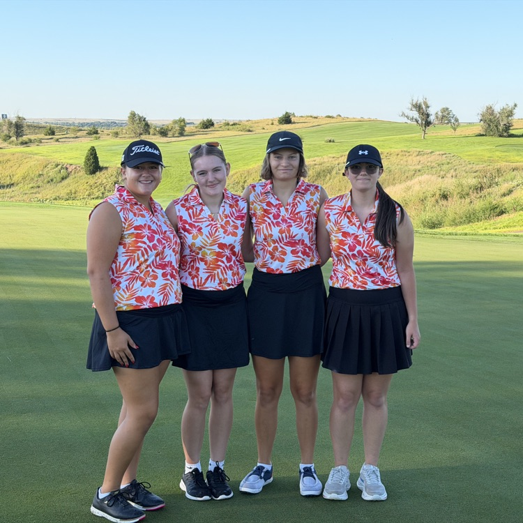 4 golfers posing together on golf course 