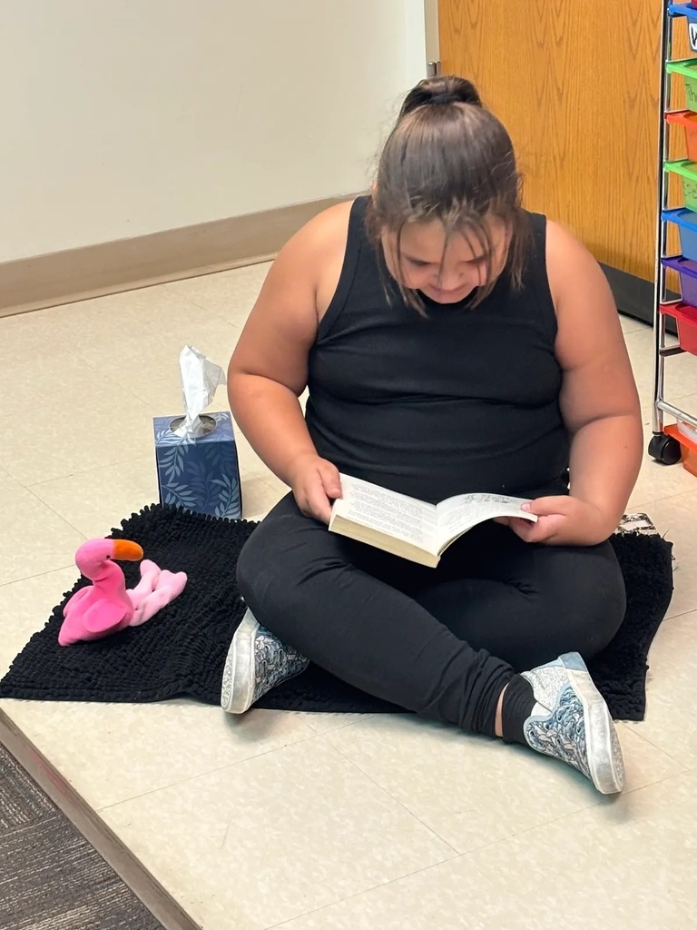 student sitting on a rug reading a book with a stuffed falmingo and box of tissues by her