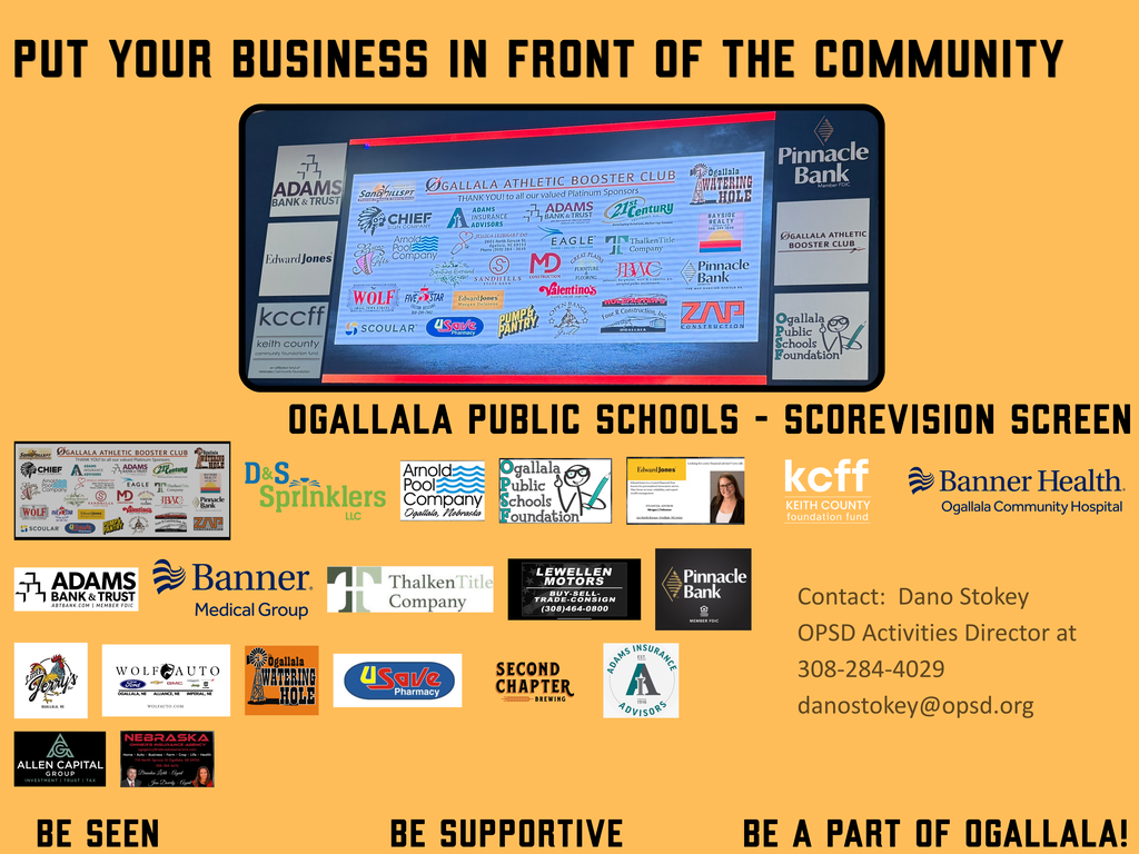 orange sign of score vision screen with sponsors listed. the rest of the sign has sponsors listed, as well as contact infomraiton for dano stokey