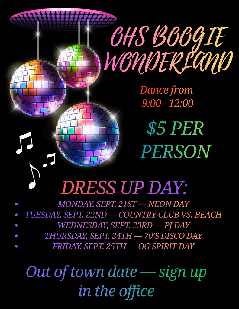 ohs boogie wonderland homecoming dress up days poster with three colforful disco balls and msuical notes