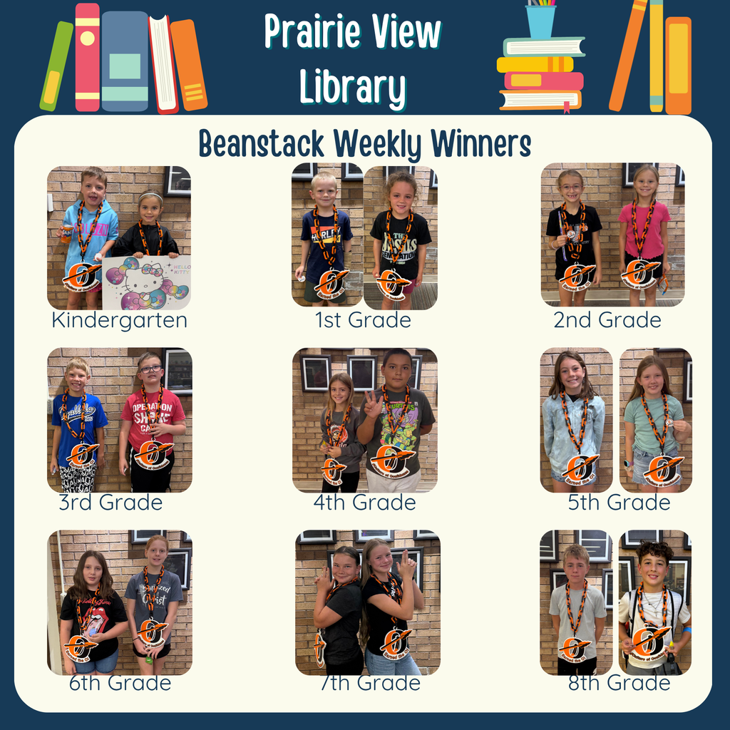 grid of students in kindergarten through 8th grade posing with the O necklace for winning beanstack each week