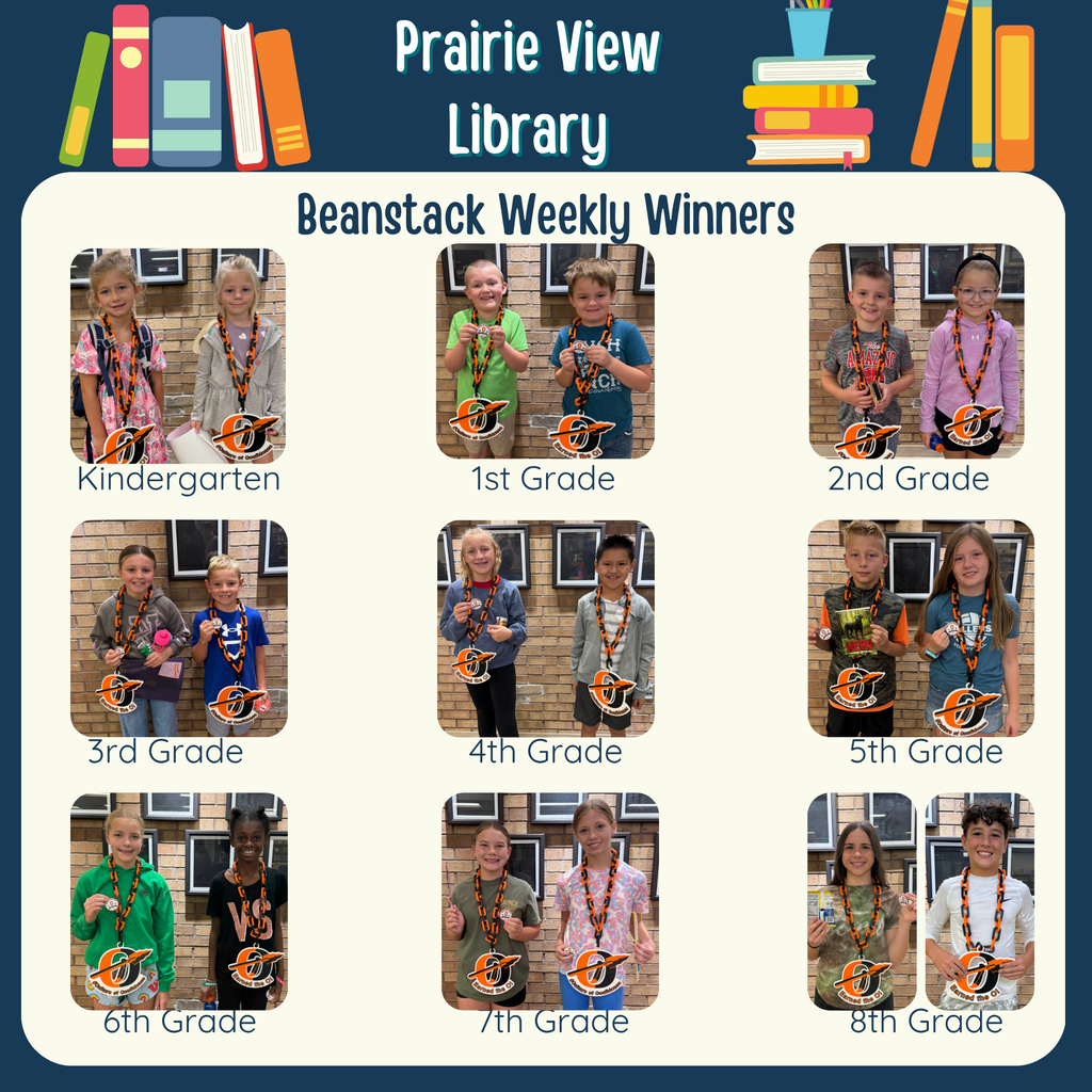 grid of students in kindergarten through 8th grade posing with the O necklace for winning beanstack each week