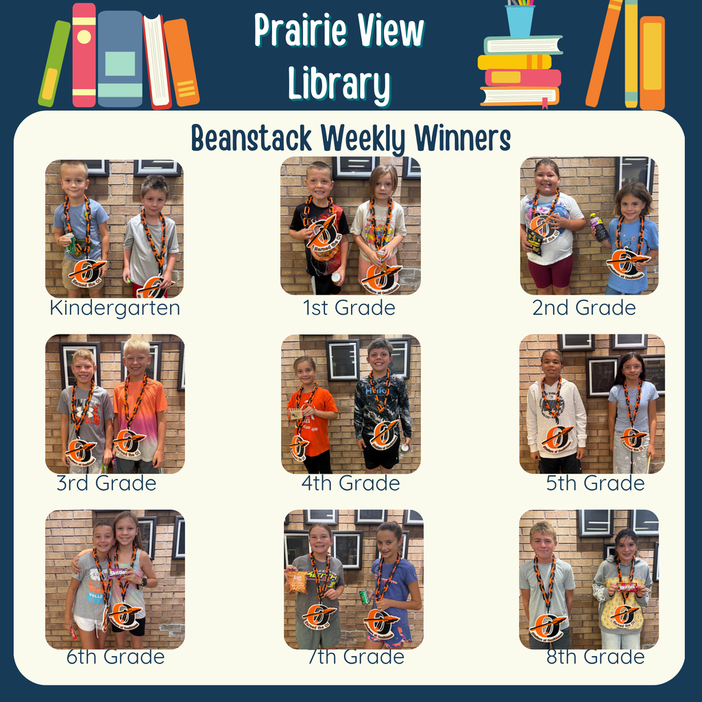 grid of students in kindergarten through 8th grade posing with the O necklace for winning beanstack each week