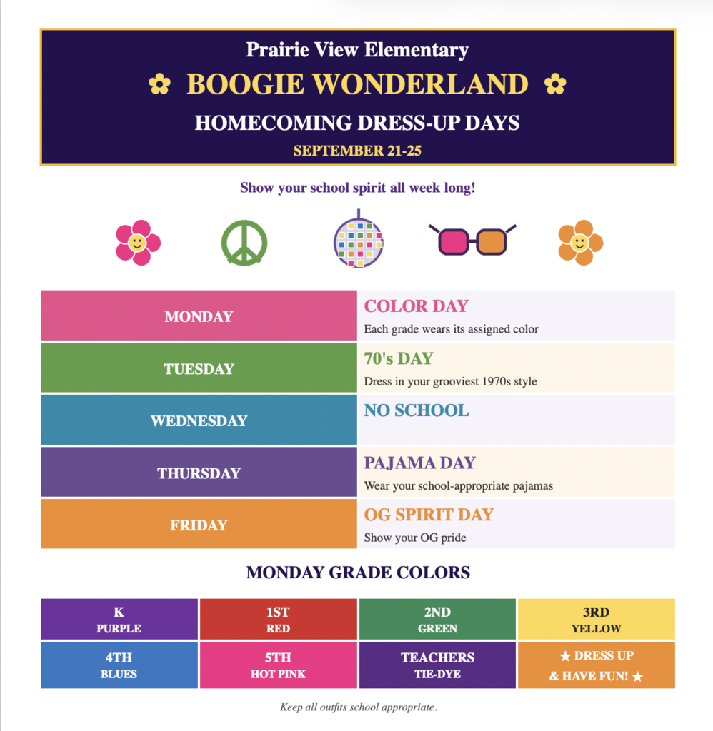 prairie view elementary dress up day poster with cute graphics that are 70s themes