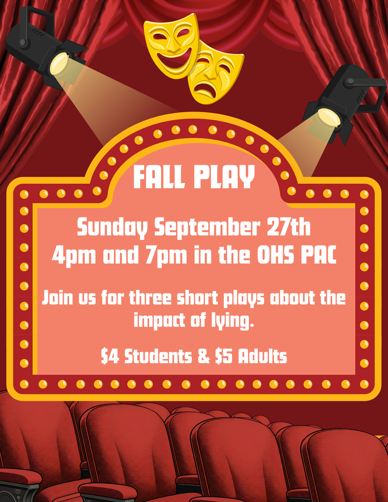 flyer for fall play with drama masks and lights spotlighting the information