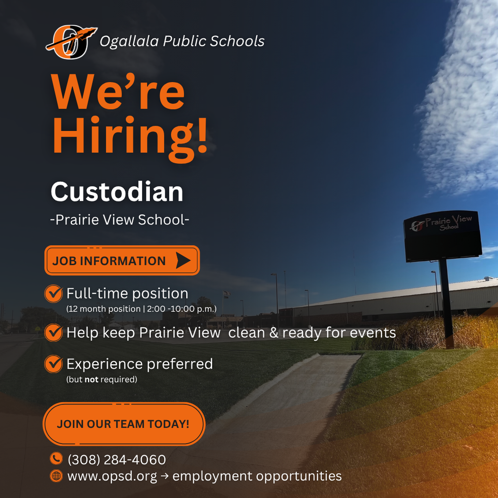 prairie view school with dark background and hiring information for custodian hiring position