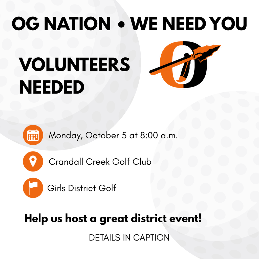 volunteers needed flyer with two golf balls, orange icons with infomraiton about helpers and the ogallala logo