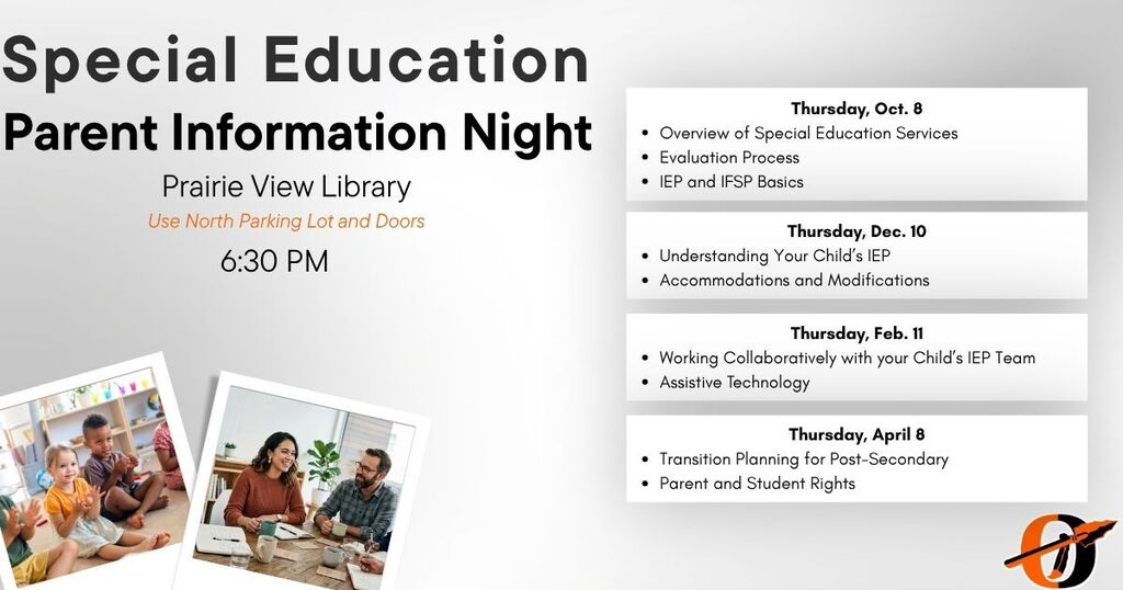 special education parent information night flyer with photos of people sitting together and the ogallala logo