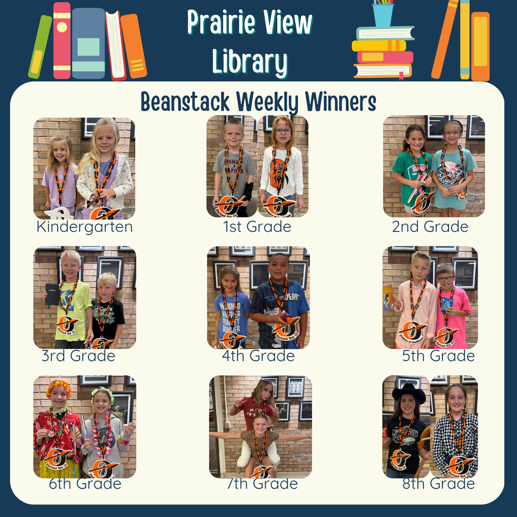 beanstack weekly winners graphic with pictures of two students form each grade level wearing the ogallala O chain necklace
