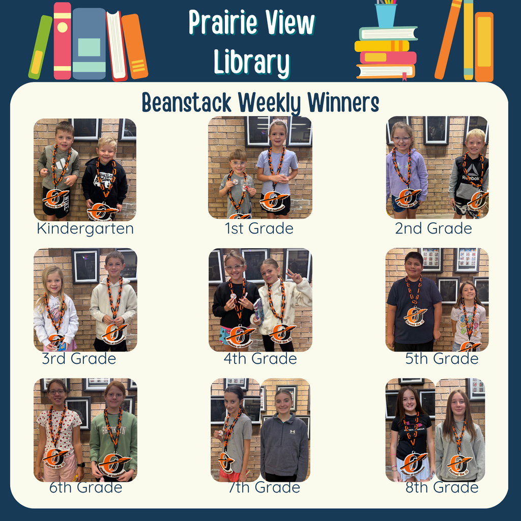 beanstack weekly winners graphic with pictures of two students form each grade level wearing the ogallala O chain necklace