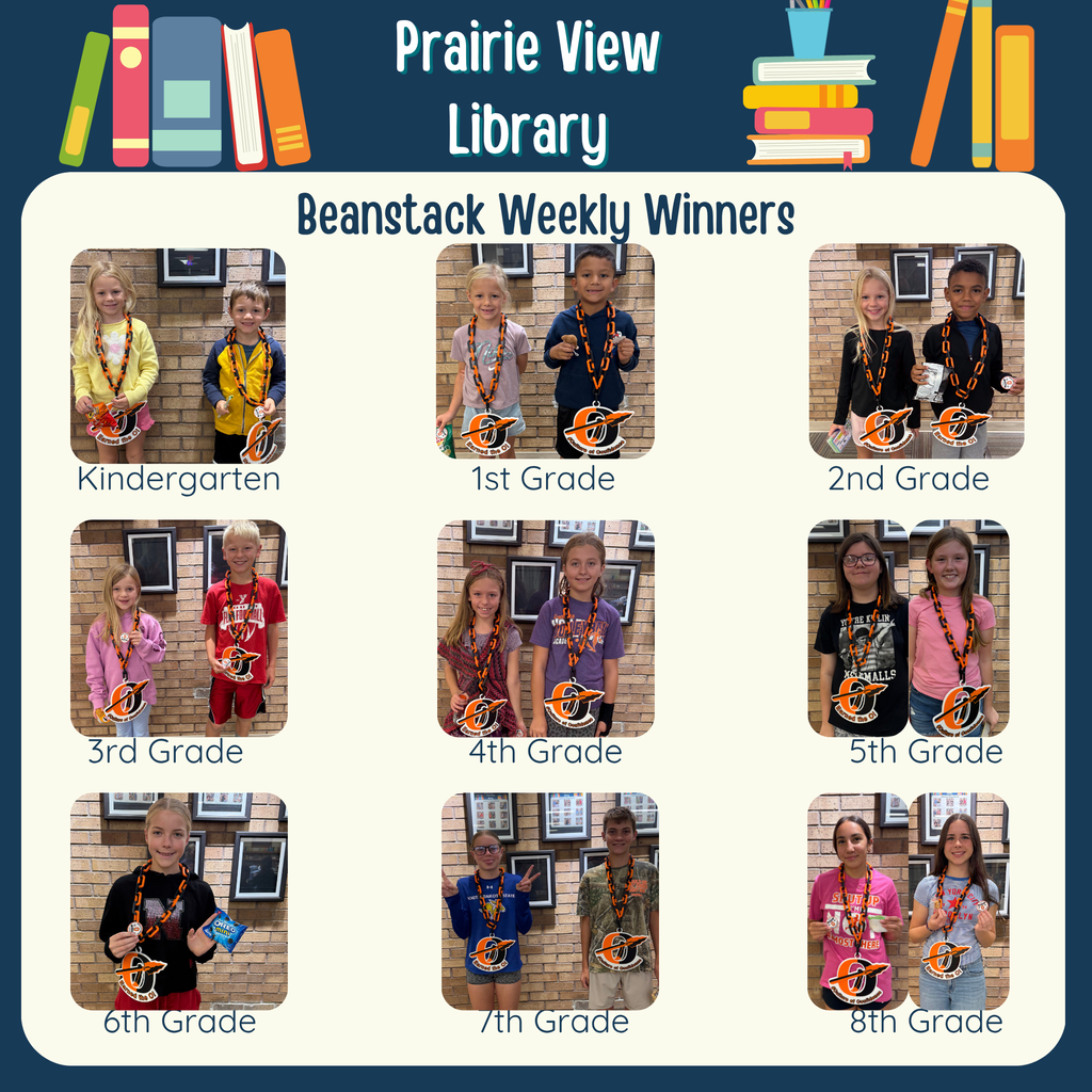 beanstack weekly winners graphic with pictures of two students form each grade level wearing the ogallala O chain necklace