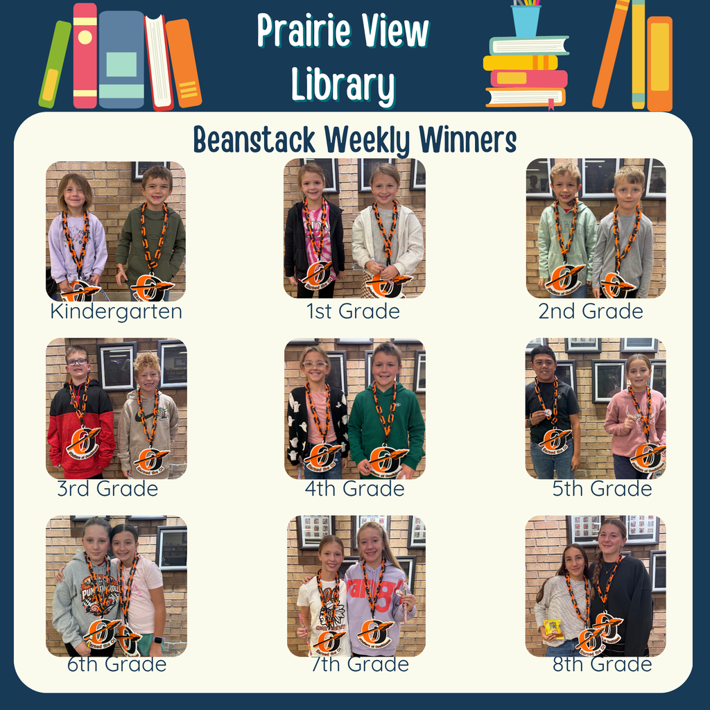 beanstack weekly winners graphic with pictures of two students form each grade level wearing the ogallala O chain necklace