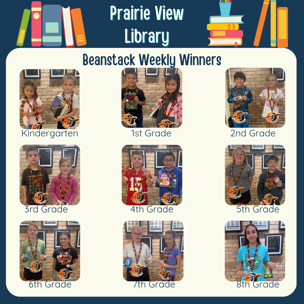 beanstack weekly winners graphic with pictures of two students form each grade level wearing the ogallala O chain necklace