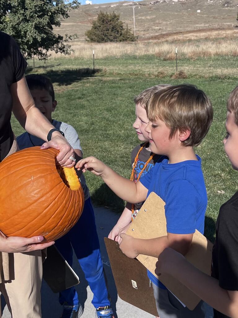 students putting their hand inside of a pumpkin a teacher is holding