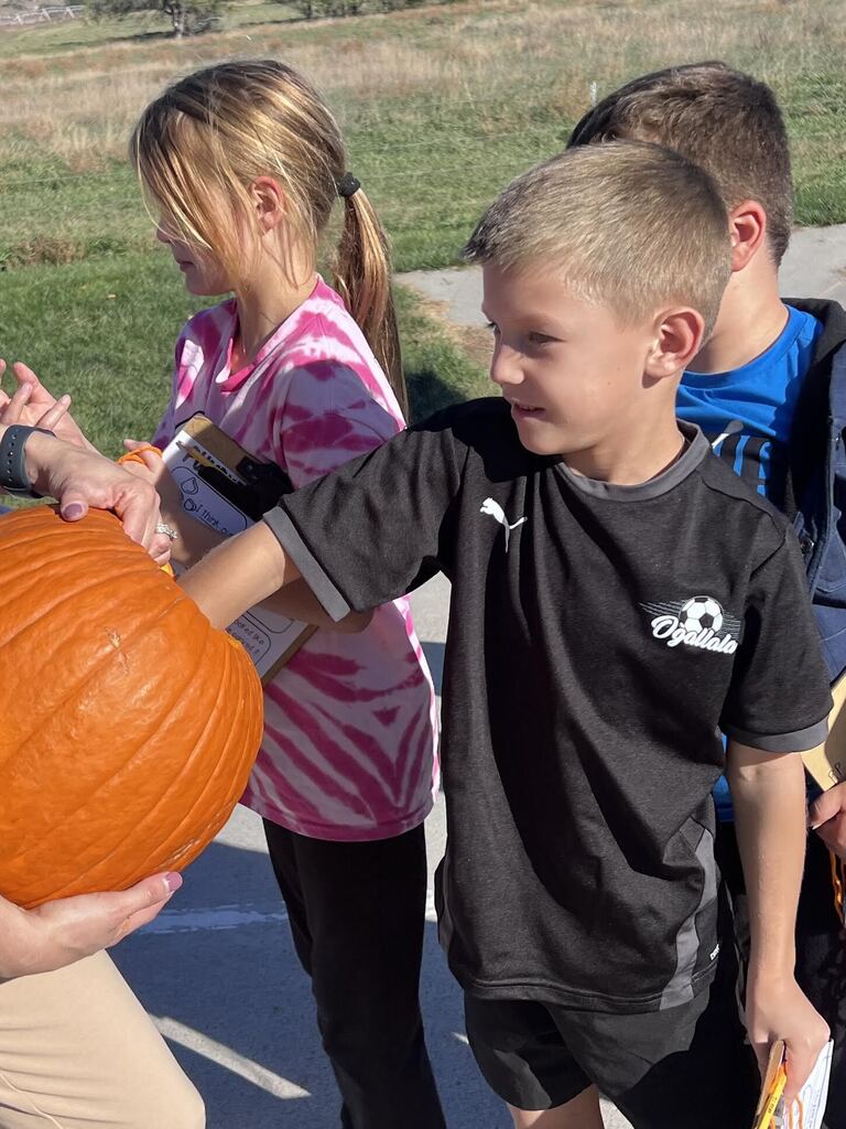 students putting hand inside of a pumpkin a teacher is holding