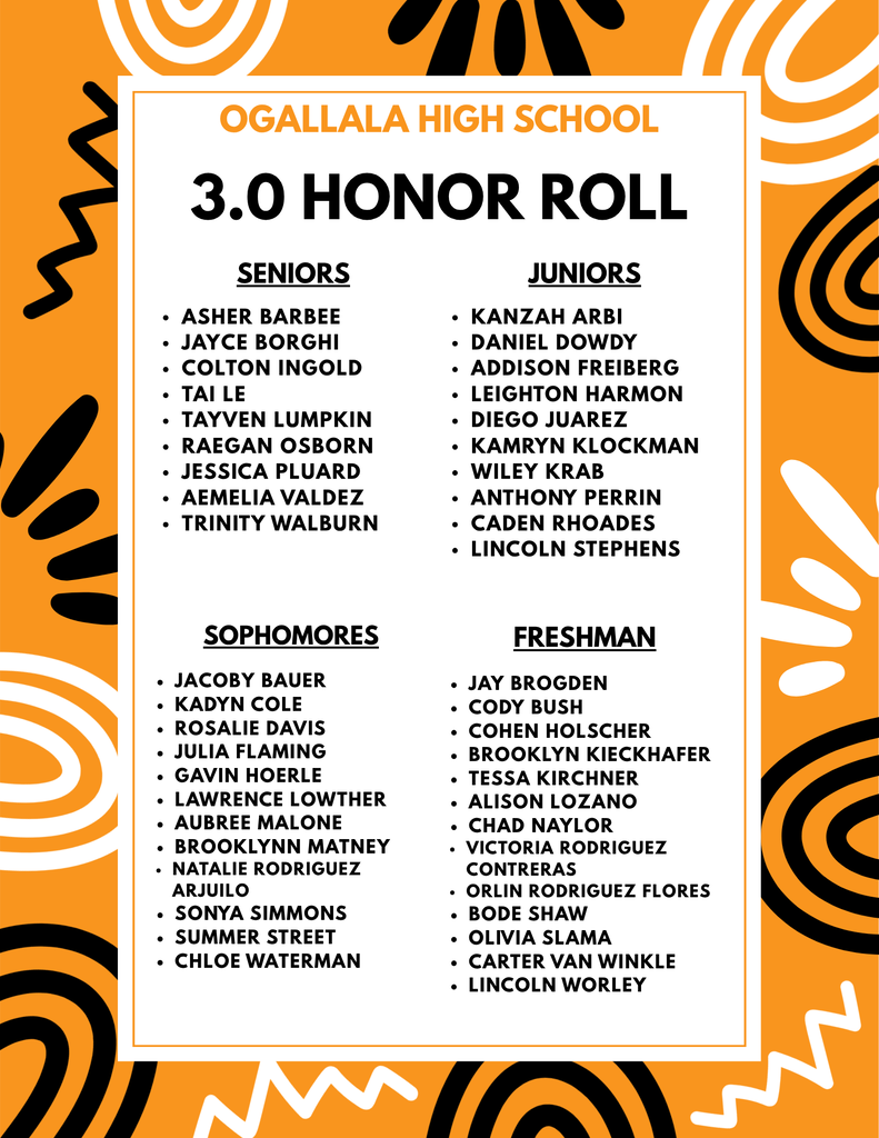 Ogallala High School first-quarter 3.0 Honor Roll for 2026–2027, with students grouped by seniors, juniors, sophomores, and freshmen. The complete student list is available in text format in the Google Doc linked in this post.