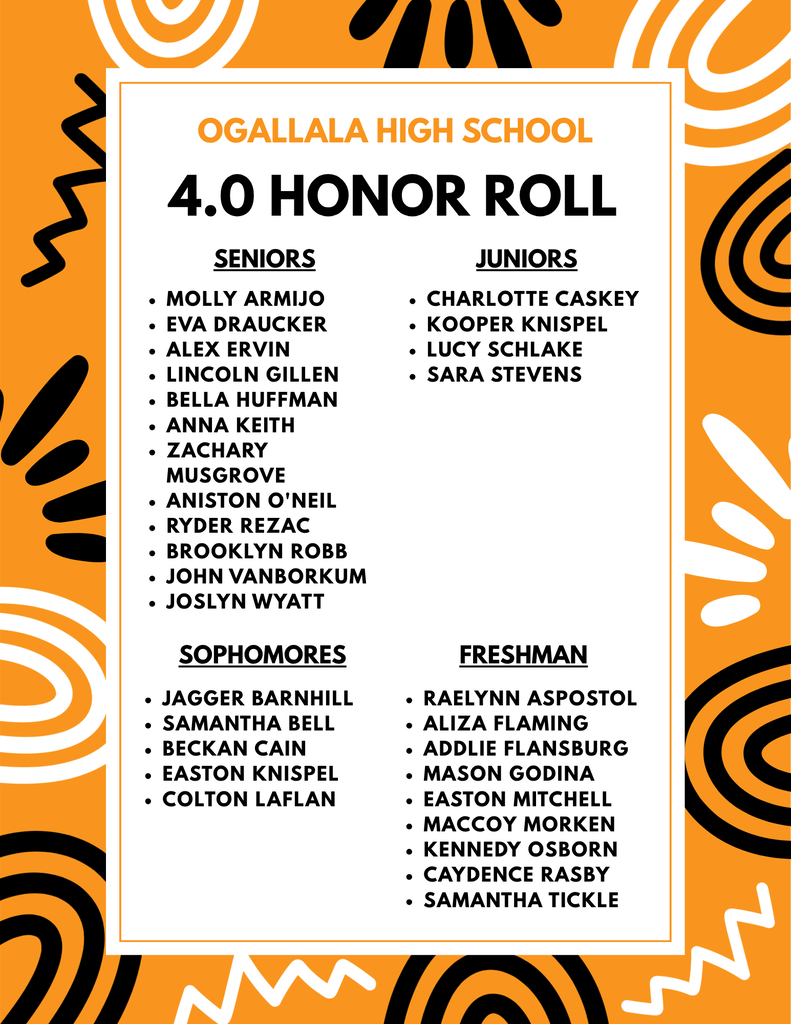 Ogallala High School first-quarter 4.0 Honor Roll for 2026–2027, with students grouped by seniors, juniors, sophomores, and freshmen. The complete student list is available in text format in the Google Doc linked in this post.