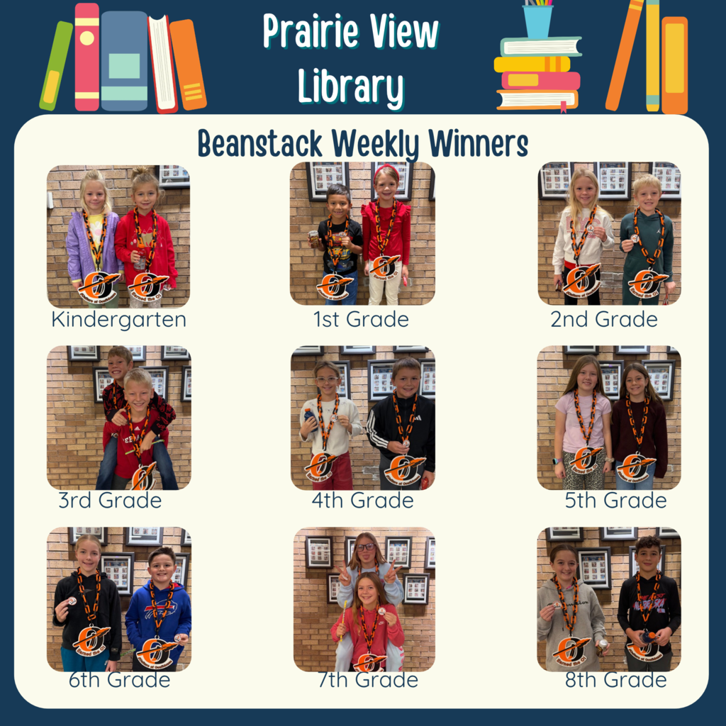 grid of students in kindergarten through 8th grade posing with the O necklace for winning beanstack each week