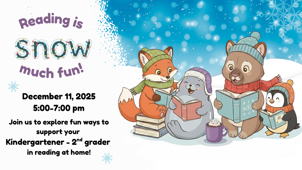Woodland creatures, reading books in the snow.