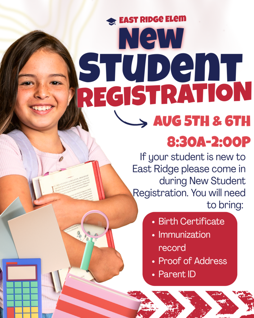Girl holding school supplies with New Student Registration info