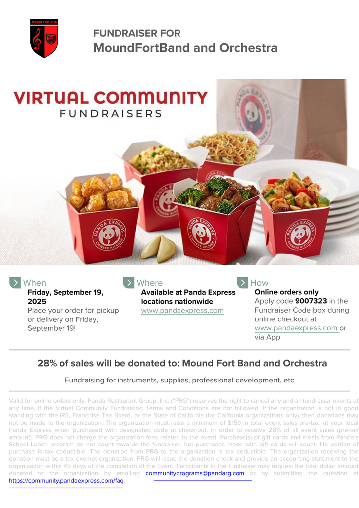 Panda Express Flier, use code 9007323 online to support the Fundraiser