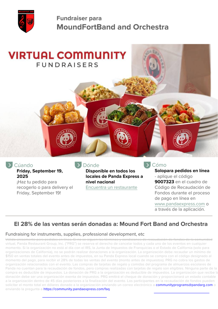 Panda Express Flier, use el código 9007323 en línea para apoyar la recaudación de fondos