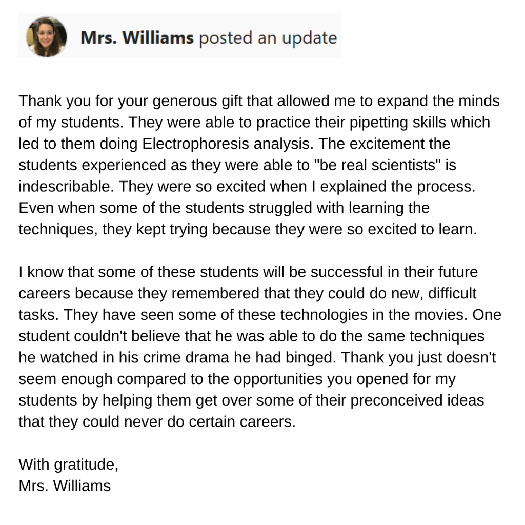 Thank you letter from Mrs. Williams