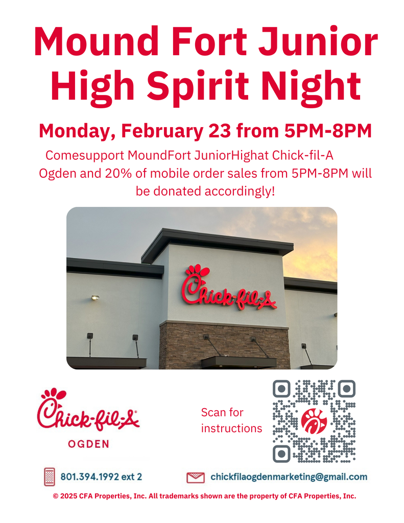 Mound Fort Junior High Spirit Night fundraiser at Chick-Fil-A Ogden