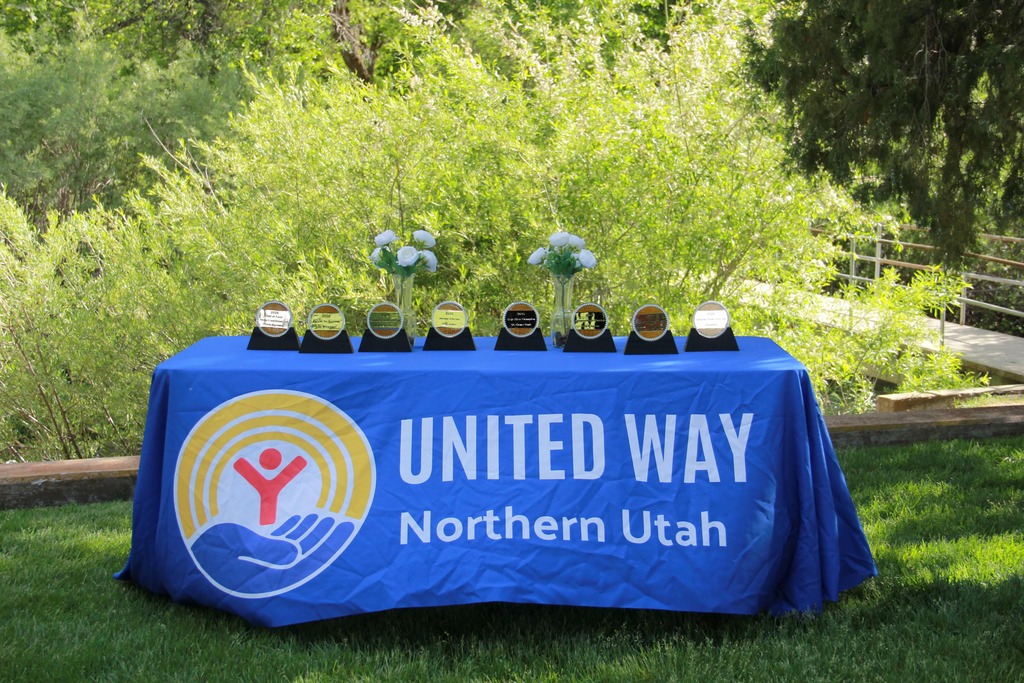 United Way awards displayed on a table
