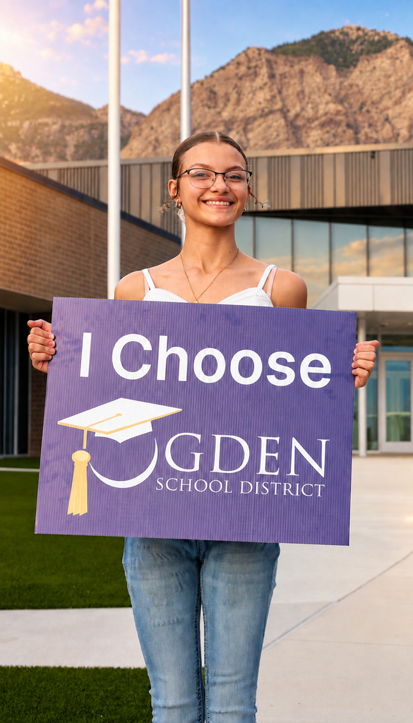 Nevaeh holding an I Choose Ogden School District sign