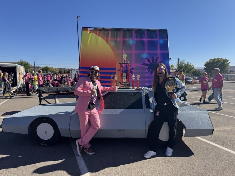 Posing with the Marching band props
