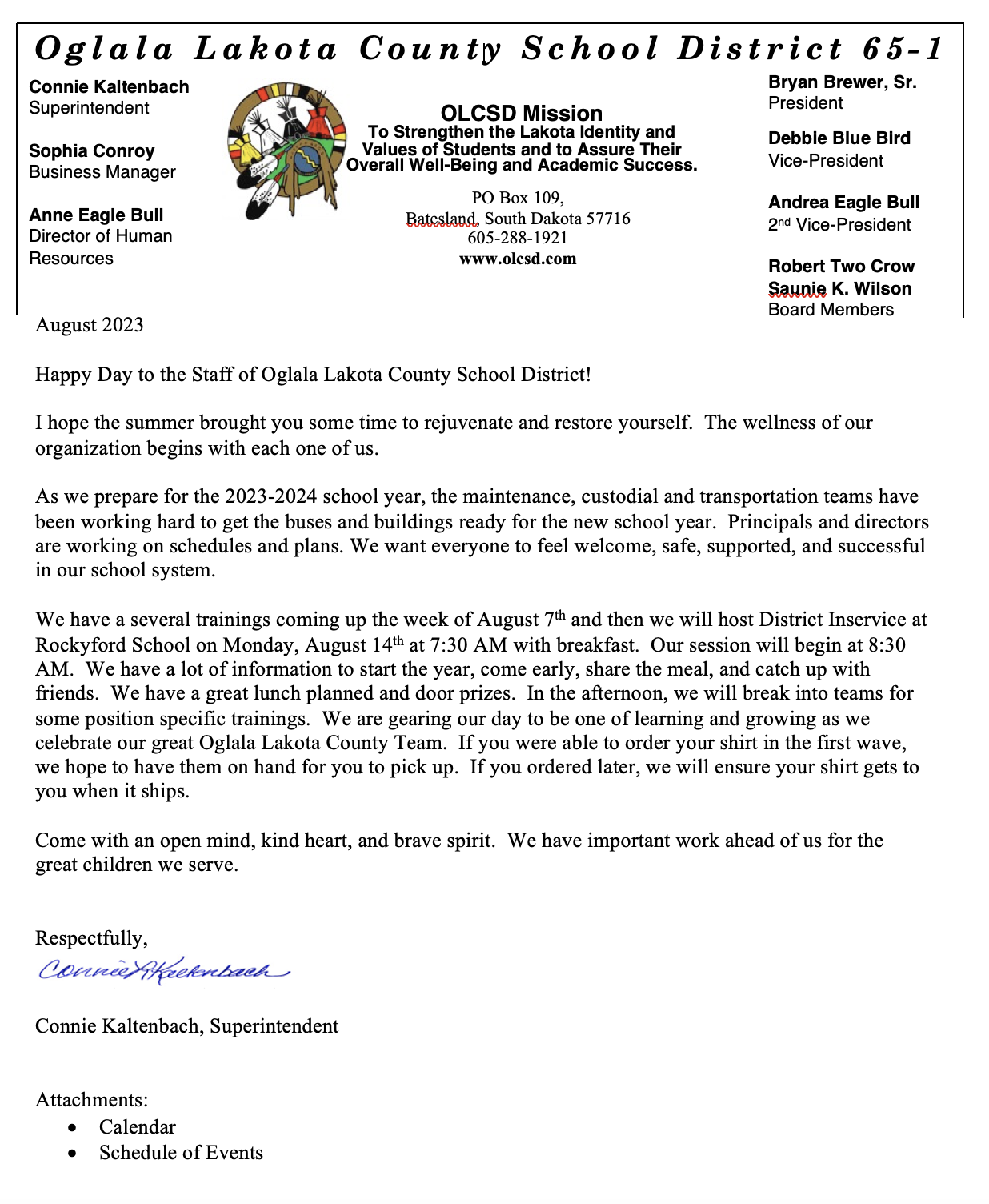 Welcome Back Staff Letter | Oglala Lakota County School District
