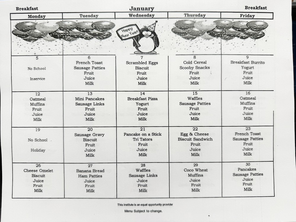 Jan 2025 breakfast menu