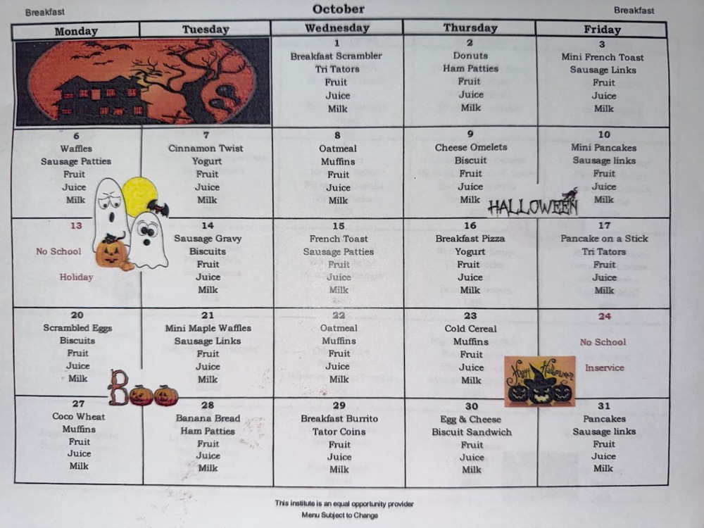 October 2025 Breakfast Menu