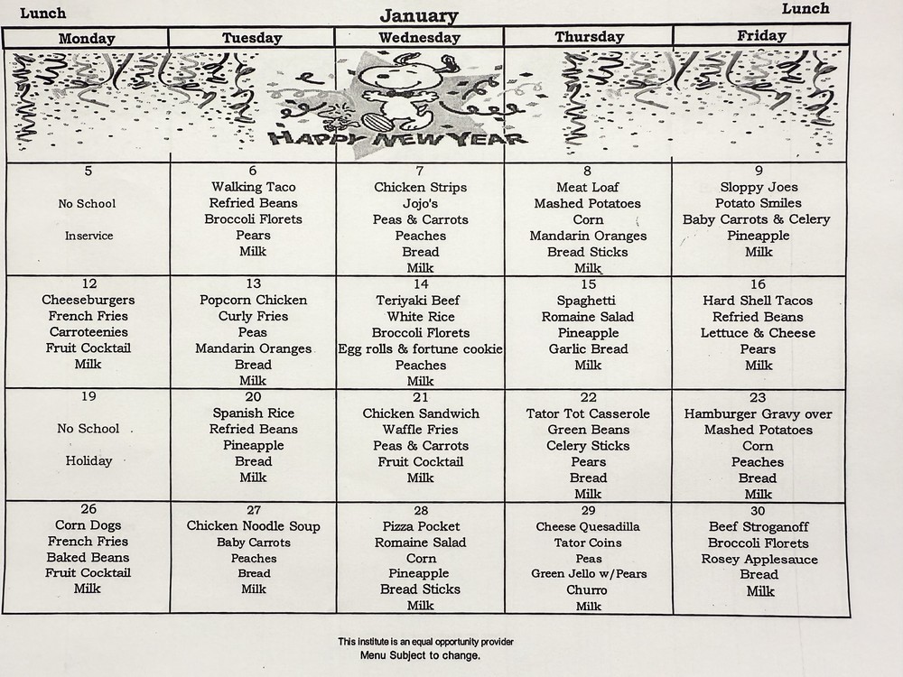 Jan 2026 Lunch Menu